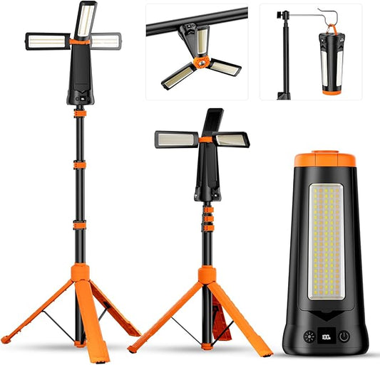 Camping Light with Stand 85.9" Rechargeable Cordless 5500 High Lumens LED Work Light, 10000mAh Solar Magnetic Waterproof Emergency, Dimmable Camping Essentials Gear with Detachable Tripod