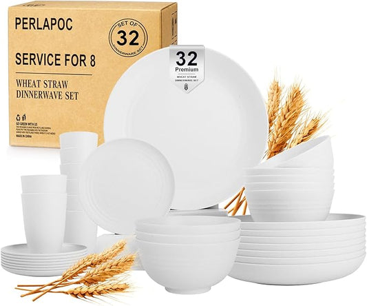 Wheat Straw Dinnerware Sets Service for 8, 32 Piece Plates and Bowls Sets, Microwave & Dishwasher Safe Dishes, Perfect for Kitchen Camping Picnic RV Dorm - White
