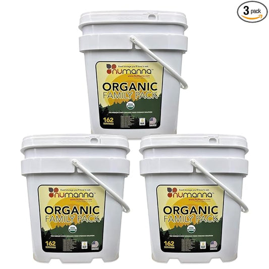 Numanna Organic Family Pack Bucket 486 Servings | USDA Organic, CCOF Certified | 3-Months Meal Kit | Ready-to-Eat Survival Meals | 25-Year Shelf Life | USA Made | Ideal for Daily Use & Emergency Prep