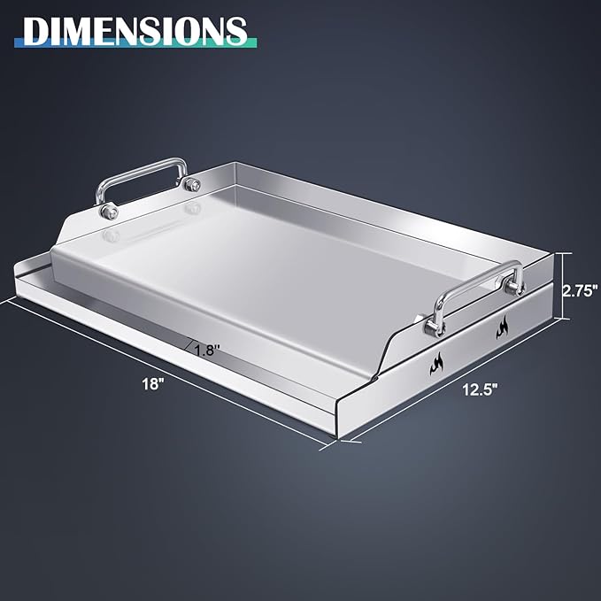 Hiorucet Stainless Steel Griddle, 18" x 12.5" Rectangular Gas Grill Griddle Plate Pan for Charcoal/Gas Grills, Camping, Tailgating, Parties, Indoor/Outdoor Universal BBQ Cooking Flat Top Grill Insert.