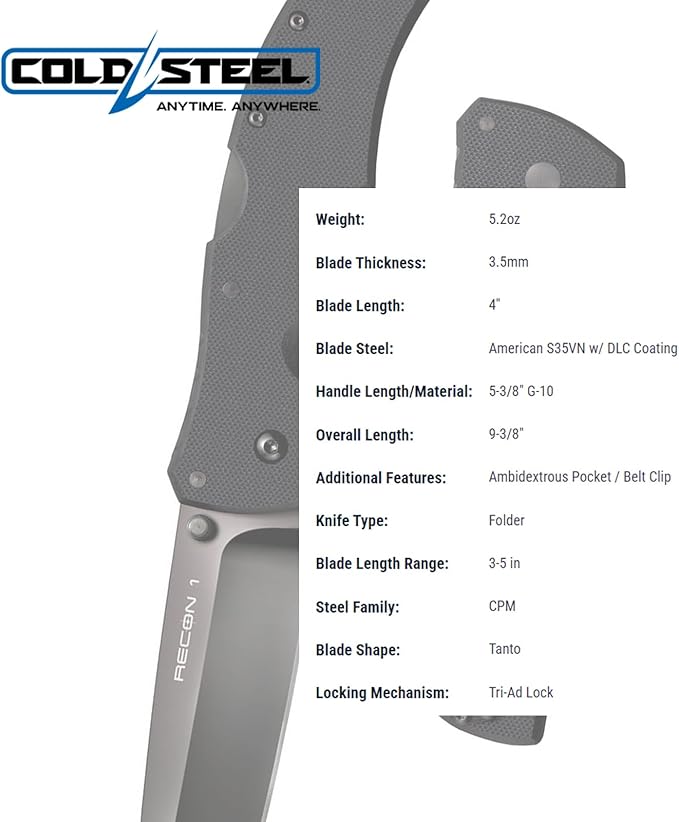 Cold Steel Recon 1 4" S35VN Razor-Sharp Blade 5.375" G-10 Handle Tactical Folding Knife w/Tri-Ad Lock, Ambidextrous Pocket/Belt Clip