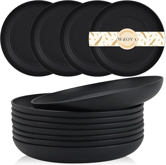 Wheat Straw Plates - 9 Inch Unbreakable Dinner Plates Set of 8 - Dishwasher & Microwave Safe Plastic Plates Reusable - Lightweight Plate for kitchen,camping (pure black)