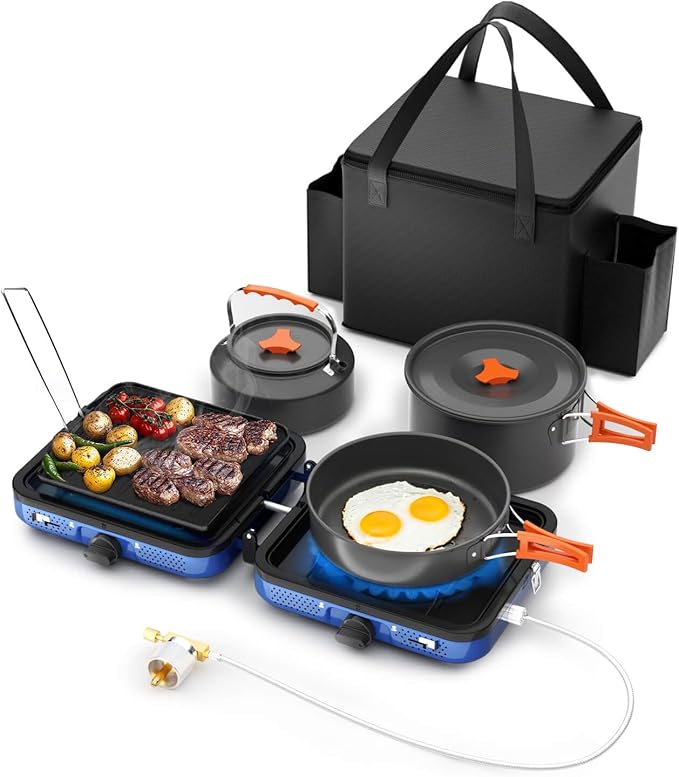 Hisencn Camping Stove,2 Burner Propane Stove,20000 BTU/h Camping Cooking set Includes Frying Pan,Kettle and Pot,Adjustable Burners & Piezo Ignition,Portable stove for camping Outdoor,Blue