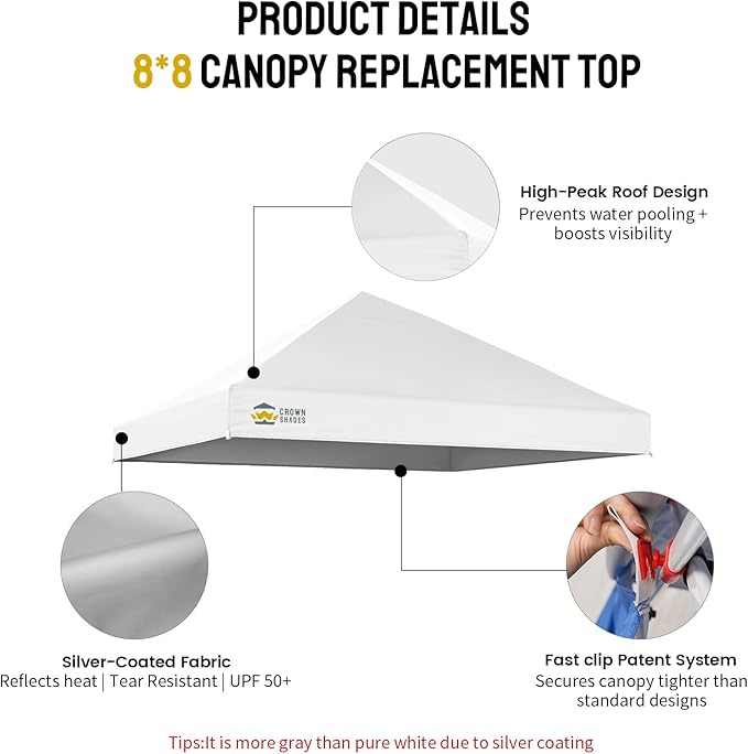 CROWN SHADES 8x8 Canopy Replacement Top - Only Compatible with Crown Shades RS64F Series, Silver Coated with Air Vent, White (Top Only)