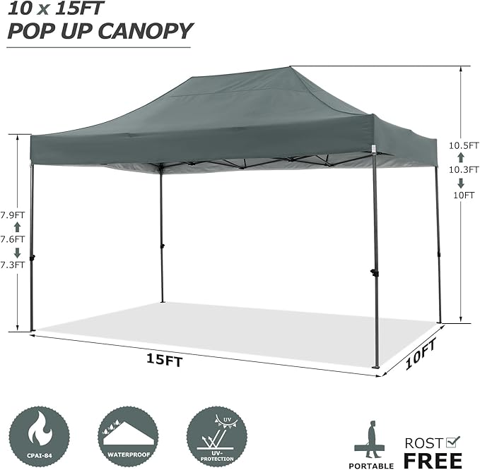 COBIZI 10x15 Pop Up Canopy Without Sidewall,Heavy Duty Canopy UPF 50+ All Season Wind Waterproof Commercial Outdoor Wedding Party Tents for Parties Gazebo with Carry Bag(10 x 15 ft Gray)