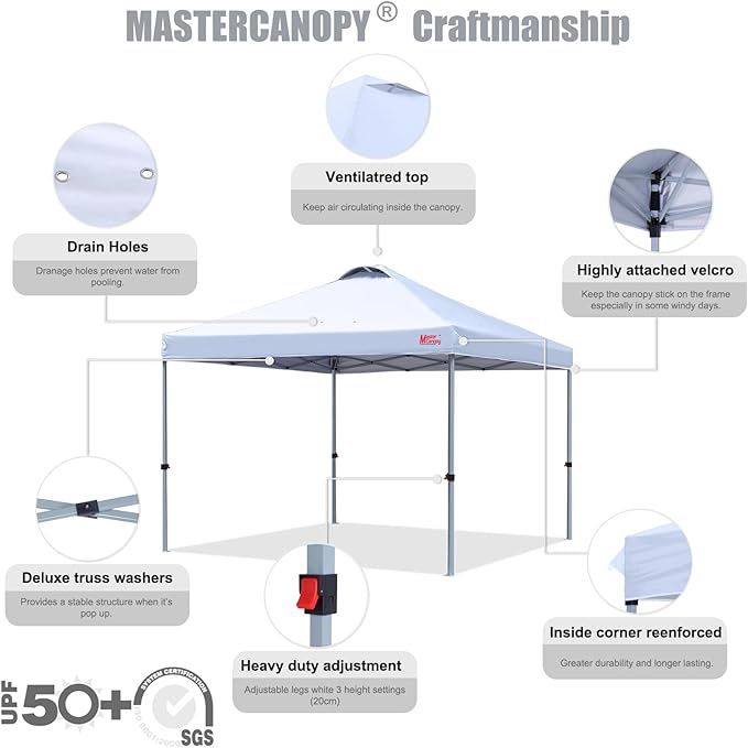MASTERCANOPY Durable Pop-up Canopy Tent with Roller Bag (10x10, White)