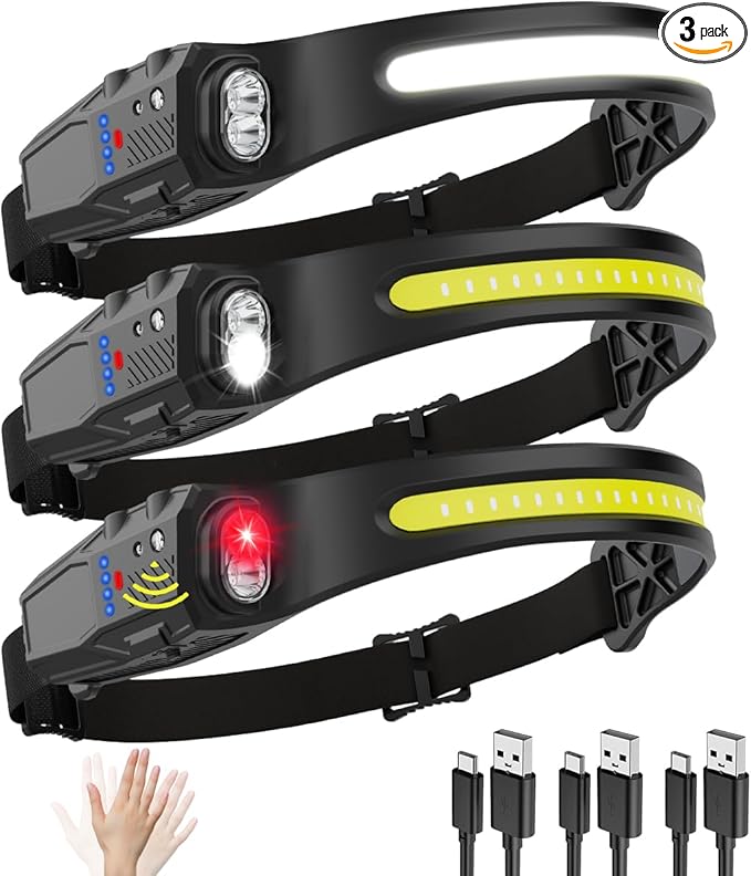 Headlamp Rechargeable 3Pack, 230° Wide Beam LED Headlamp, 7Mode Headlamps for Adults, Head Lamp with Motion Sensor, Red Light Head Lamps LED Rechargeable, Head Lights for Forehead Running Camping