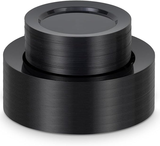 100PCS Black Plastic Plates, Disposable Party Plates with 50 Dinner Plates and 50 Dessert Plates, Plastic Plates for Party, Wedding Birthday and Halloween (Black, 100PCS)