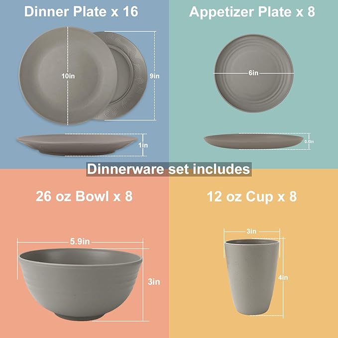 40 Pieces Plates and Bowls Sets, Wheat Straw Dinnerware Sets Service for 8, Camping Plates, Cereal Bowls and Drinking Cups, Lightweight and Reusable Plastic Dinnerware Sets (Grey)