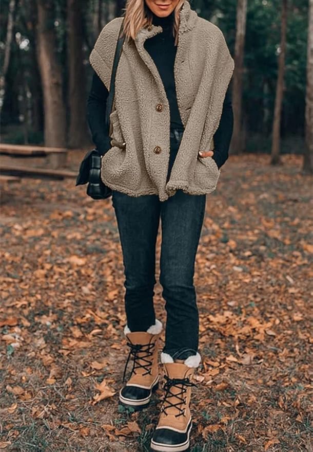 Hongqizo Womens Fuzzy Fleece Vest Casual Oversized Warm Button Down Sherpa Vest Jacket with Pockets