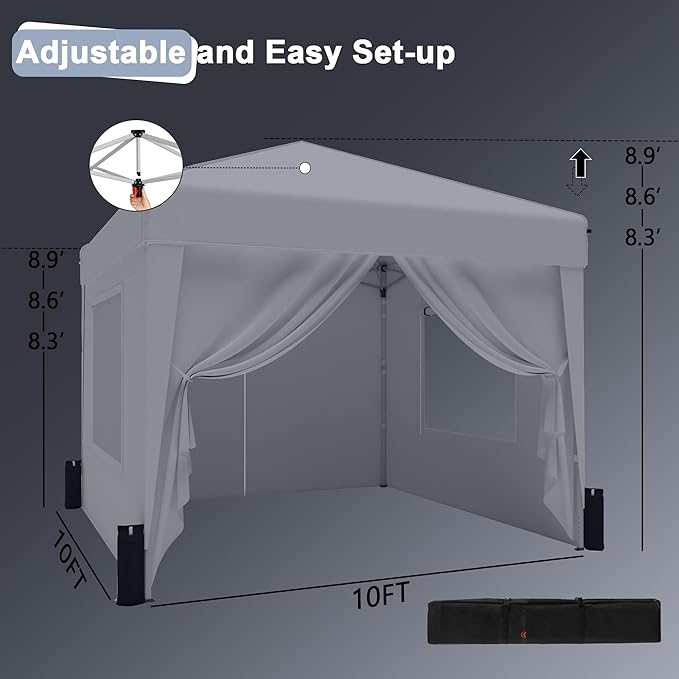SANWAY 10x10 Pop Up Canopy Tent with Sidewalls x 4 – Easy Setup Canopy Tent, Waterproof, UV-Resistant, Portable with Carry Bag for Outdoor Events, Camping, and Backyard Parties – Grey