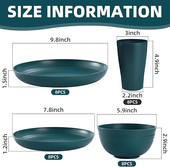Green Unbreakable Plates and Bowls Sets Microwave and Dishwasher Safe,Dark Green Dinnerware Sets for 8,Christmas Reusable Plastic Dishes Set Lightweight for Kids Elderly Kitchen Adults Camping Outdoor