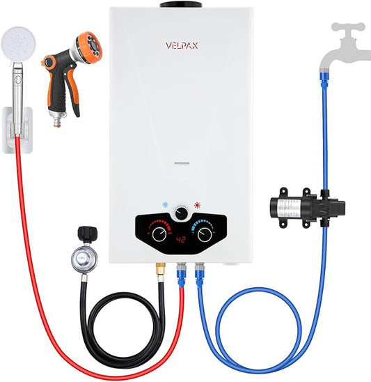 Tankless Water Heater Propane,3.18GPM 12L Outdoor Portable water heater,with 2 GPM Water Pump, Instant Propane water heater with Digital Display Multi-Protection for Camping Trips Boat Cabins
