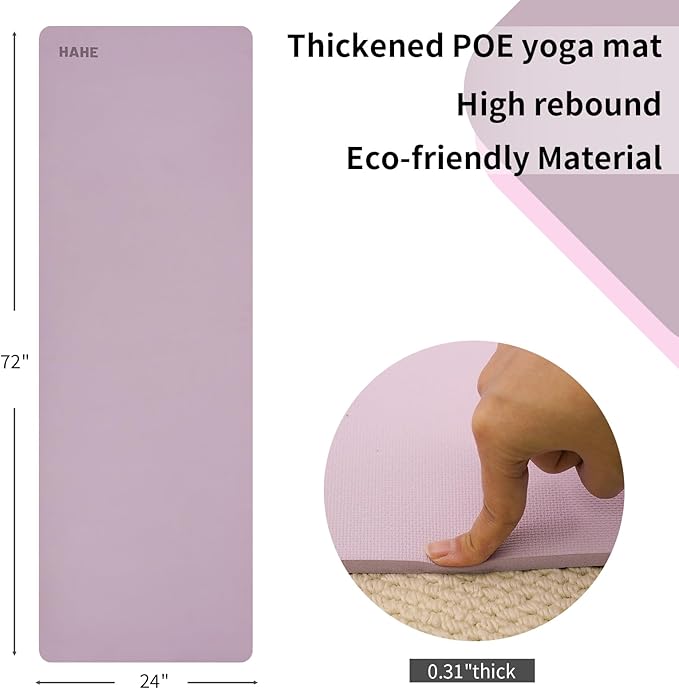 HAHE Yoga Mat Thick (8MM,1/3"), Eco-Friendly POE Non Slip Yoga Mat, High Rebound & Shock Absorption, Anti-Tear & Sweat-Resistant for Yoga, Fitness, Home, Workouts, Large Pilates Mats 72"x24" with Carrying Strap