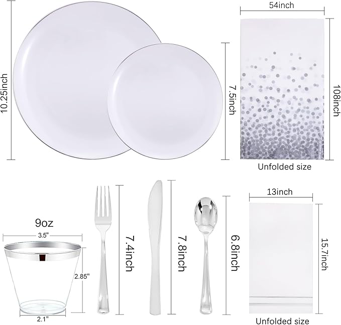 Festiva 176Pcs Silver Plastic Christmas Plates - Party Plates and Cups and Napkins Sets: 25Dinner Plates 25Dessert Plates 25Cups 25 Cutlery 25 Napkins 1Tablecloth for New Year Party&Wedding&Christmas