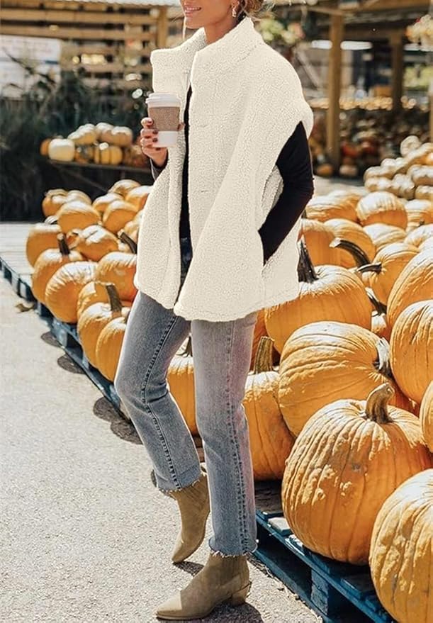 Hongqizo Womens Fuzzy Fleece Vest Casual Oversized Warm Button Down Sherpa Vest Jacket with Pockets