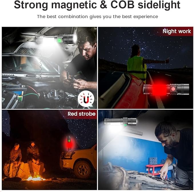 Rechargeable Flashlight, Magnetic LED Flashlight 【Battery Not Included】with COB Work Light, Pocket Tactical Flashlights with 6 Modes,1000 Lumens Super Bright,Waterproof,Zoomable,for Camping,Emergency