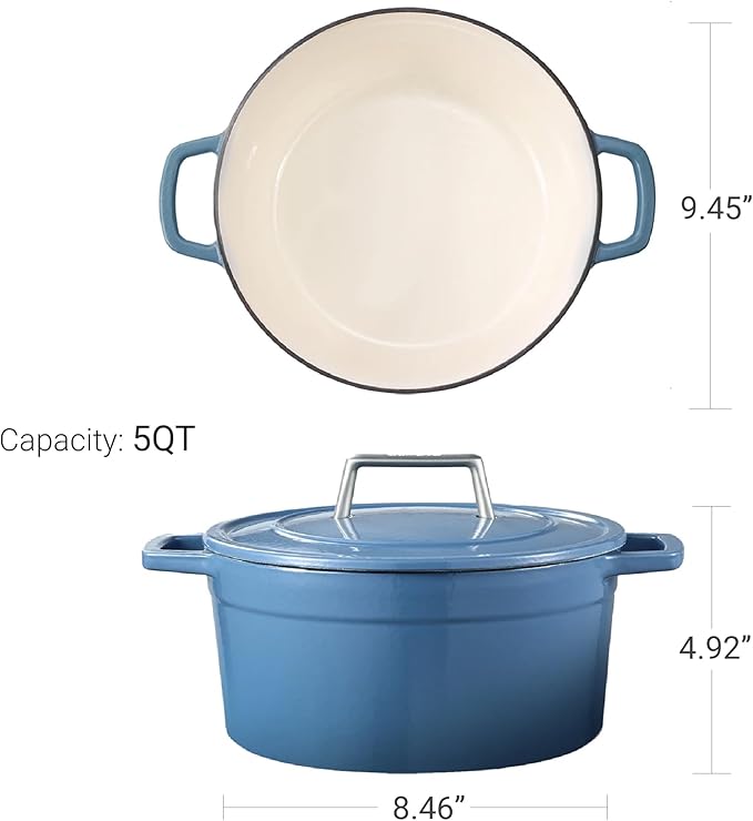 CAROTE Cast Iron Dutch Oven Pot with Lid, Enameled Dutch Oven for Sourdough Bread Baking, Dual Handles, Heavy-Duty Cast Iron Pot, 5QT, Blue