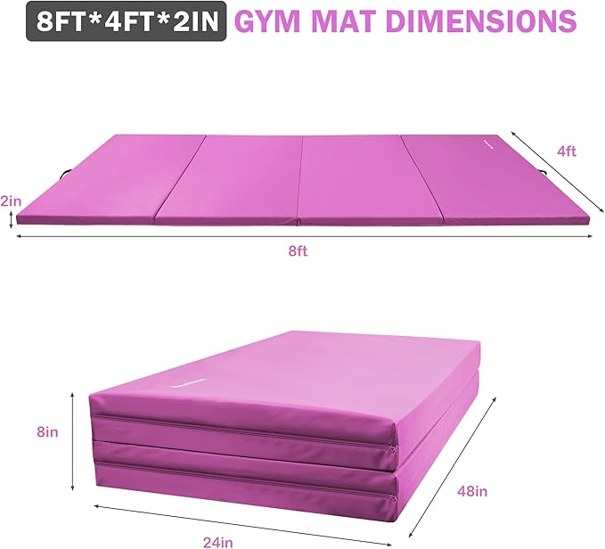 Folding Exercise Gymnastics Mat, 4'x8'x2" Gym Workout Mat with Carrying Handles 4-Fold High-Density Anti-Tear Portable Fitness Aerobics Mat for Home Gym Yoga Pilates Tumbling MMA Core Training