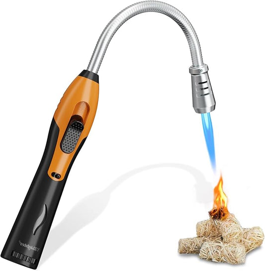 Butane Lighter Torch Long Lighter Refillable Lighter Windproof with Visual Fuel Window Flexible Extra Long Torch Lighter for Fireplace Candles (No Butane Included) (Orange, 1 Pack)