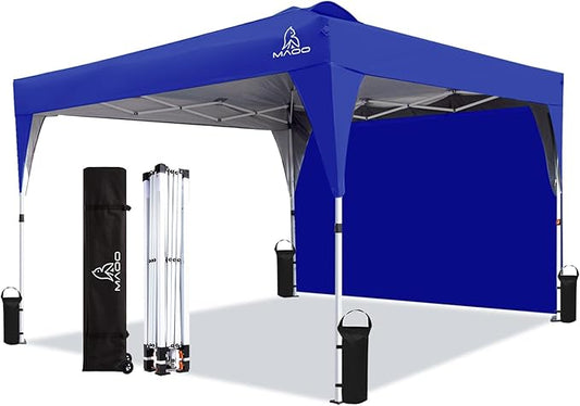 MAOO 10x10 Pop Up Canopy Tent with Sidewall - UPF 50+ Waterproof Commercial Instant Gazebo - Easy Setup for Parties, Beach, Camping - Wheel Bag, 4 Sand Bags, 8 Stakes & 4 Ropes - Blue