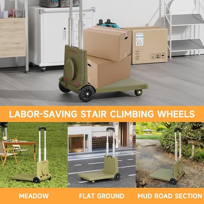 [220LBS Capacity] 4-Wheel Folding Hand Truck with Strong Base & Ropes - Heavy Duty Platform Cart for Moving/Shopping | Space-Saving Foldable Design Black Utility Carts Trolley Cart, (Green, M)