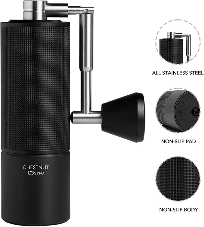 TIMEMORE Manual Coffee Grinder Foldable Handle Burr Coffee Grinder with Capacity 20g Chestnut C3S PRO Internal External Adjustable Setting, Double Bearing Positioning for Travel Camping, Home Black