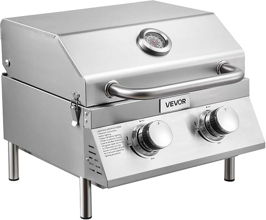 VEVOR Tabletop Gas Grill, 2-Burner Stainless Steel Portable Propane Grill, with Built-in Thermometer, Travel Locks, Weatherproof Lid, 15,000 BTU Total, for Outdoor Cooking, Patio, Party, Camping, RV