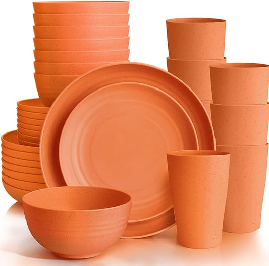 Orange Plastic Dishes Set for 8 includes Dinner Plates,Pasta Bowls,Soup Bowls and Drinking Cups,Unbreakable Orange Plastic Plates Set Microwave Dishwasher Safe For Thanksgiving Dinnerware Sets,32PCS