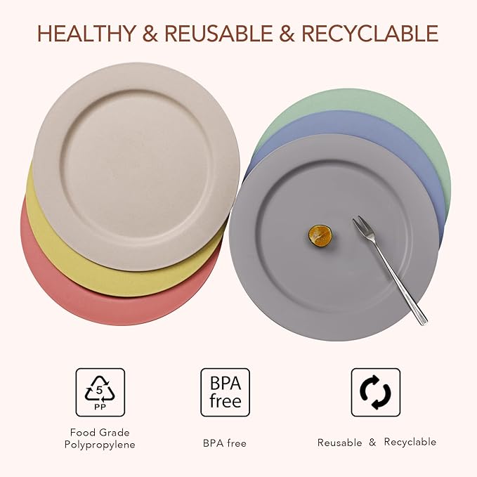 greenandlife 10inch/6pcs Dishwasher & Microwave Safe Wheat Straw Plates - Lightweight Reusable Unbreakable Dinner Plates, Non-toxin, BPA Free and Healthy for Kids & Adults