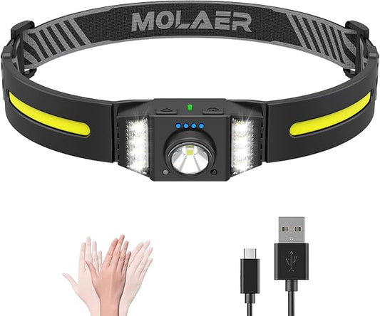 Headlamp Rechargeable, 270° Wide Beam Bright LED Head Lamp with Motion Sensor for Adults, Lightweight, Weatherproof, White Red Light Source Headlight Flashlight for Outdoor Camping Running