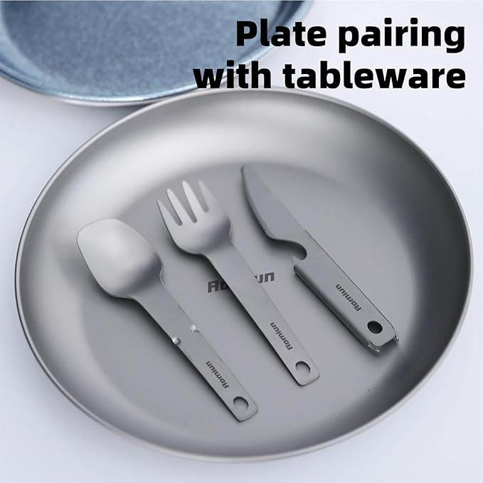Titanium Camping Plate Utensil Set of 4, Ultralight Titanium Plate Dish with Knife Fork Spoon, Portable Outdoor Camping Tableware Cutlery Cookware for Backpacking Hiking Travelling Picnic BBQ