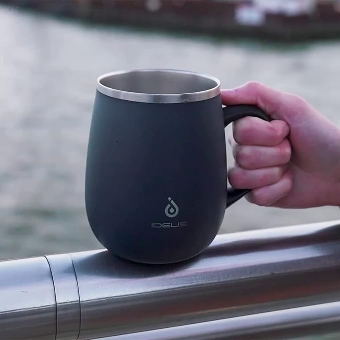 Ideus 16 oz Insulated Coffee Mug with Handle and Lid, Double Wall Stainless Steel Vacuum Thermal Coffee Mug, Travel Coffee Cup Thermal Cup for Home and Office, Storm Black