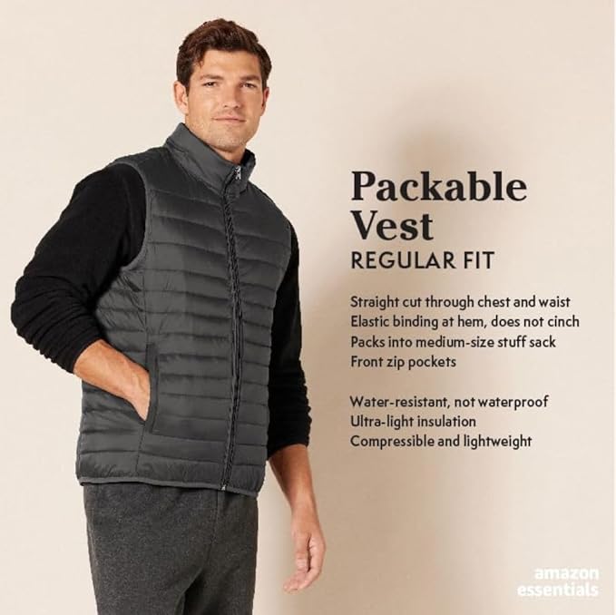 Amazon Essentials Mens Lightweight Water-Resistant Packable Puffer Vest