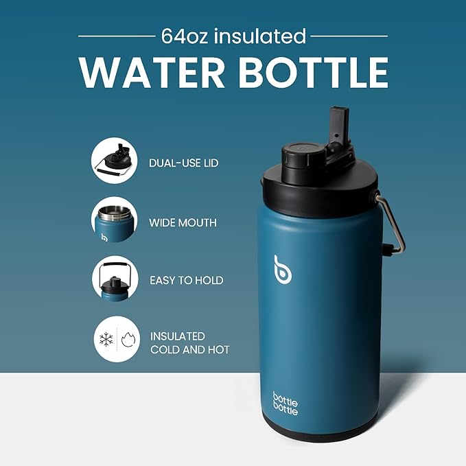 BOTTLE BOTTLE Insulated Water Bottle 64 oz with Straw and Dual-use Lid Half Gallon Water Jug Vacuum Stainless Steel for Workout and Sports Insulated Beer Growler with Handle Lake blue