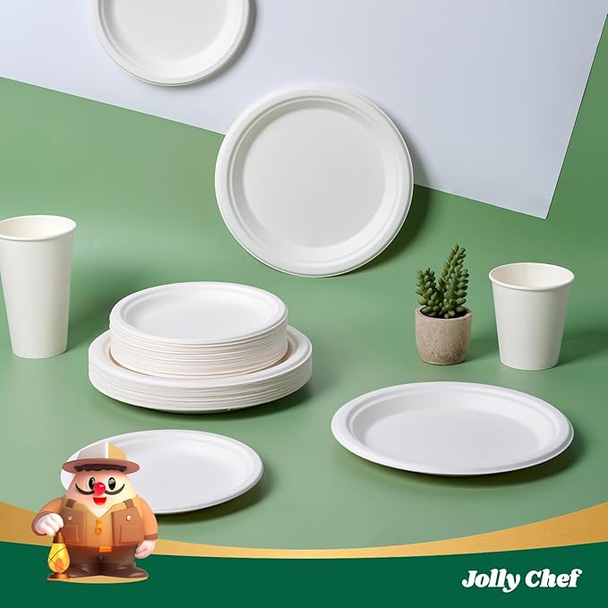 JOLLY CHEF Compostable Heavy Duty Plates 𝟳 𝗶𝗻𝗰𝗵 𝗮𝗻𝗱 𝟵 𝗶𝗻𝗰𝗵 [𝟭𝟮𝟬 𝗣𝗮𝗰𝗸] Eco-Friendly Disposable Paper Plates Bagasse Biodegradable Sugarcane Fibers Round Bulk for Party Dinner(White)
