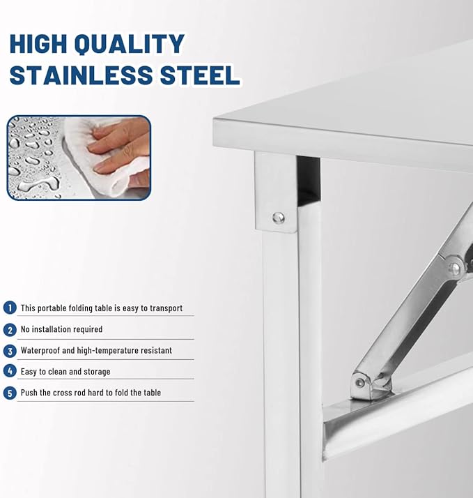 Small Stainless Steel Folding Table, Portable Camp Picnic Party Dining Table No Assembly Sturdy Small Folding Desk (48" x 24")…