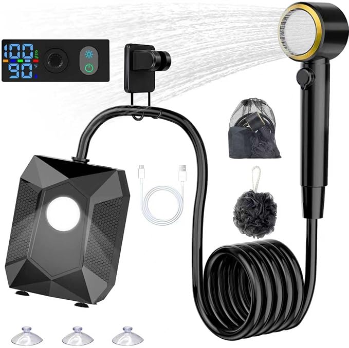 Portable Shower for Camping with 20L Foldable Bucket, 5 Pressure Levels Rechargeable Camping Shower Pump with Camping Light & Intelligent LED Display, 6000mAh Outdoor Shower for Hiking, Travel, Car