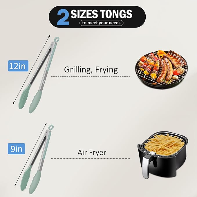 Kitchen Tongs, Stainless Steel Silicone Tongs for Cooking 600ºF High Heat-Resistant BBQ Grilling Locking Tongs, Set of 2-9" and 12" Light Green