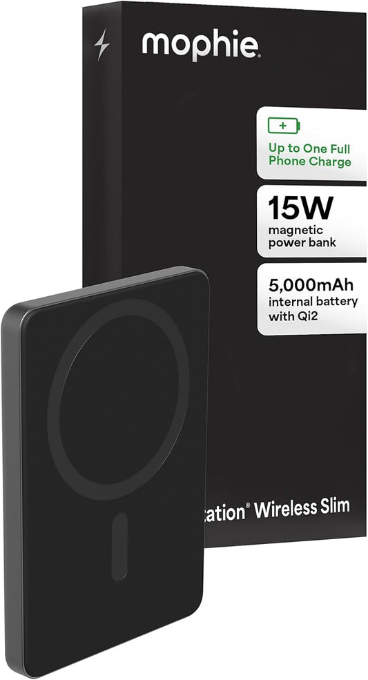 Mophie Powerstation Wireless Slim 5,000mAh Power Bank – MagSafe Compatible, 15W Qi2-Certified, 20W USB-C PD Fast Charging, Ultra-Thin Battery Pack for iPhone, Android, Travel & Airplane Use