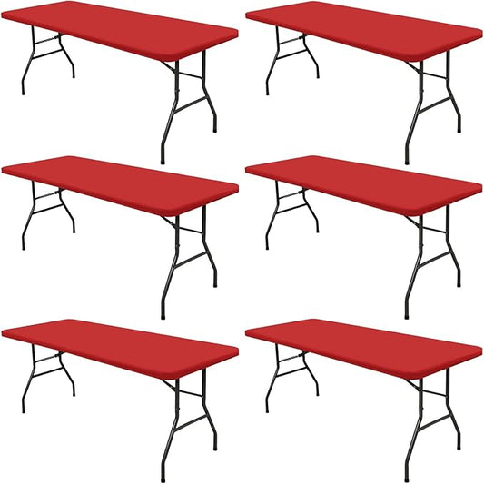 6 Pack Picnic Fitted Table Cover for 8 Foot Tablecloth for Rectangle Tables Waterproof Stretch Washable Folding Indoor and Outdoor Spandex Table Cloth for Camping Banquet and Parties (Red,30" x 96")