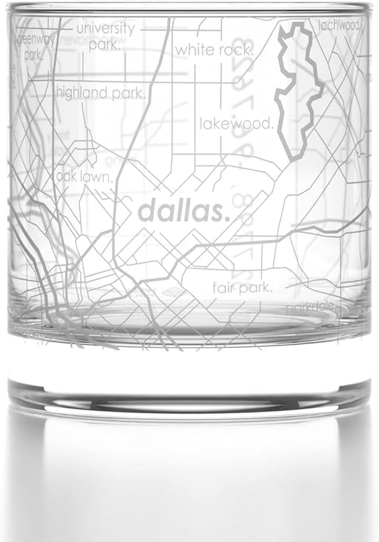 Well Told Engraved Dallas Texas Map Rocks Glass, Old Fashioned Whiskey Glass (11 oz, Clear) Etched Whiskey Glass, Gifts For Whiskey Lovers