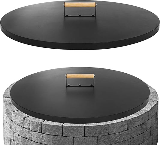 G GOOD GAIN Firepit Lid Round 28 Inch - Rust Resistant Fire Pit Lid Cover with Wooden Handle & Gloves, Fire Pit Snuffer Lid for Courtyards, Patio, Winter Cold Protection.