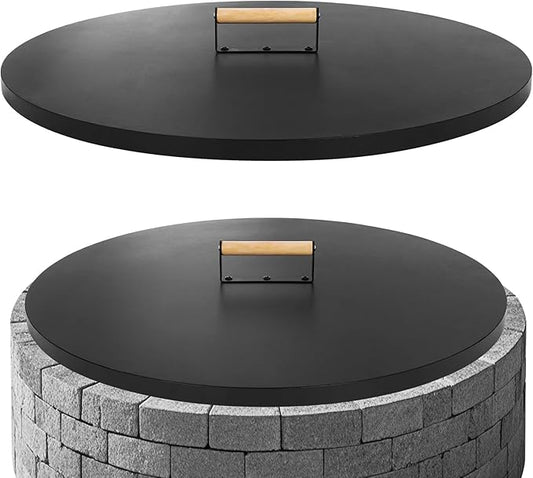 G GOOD GAIN Firepit Lid Round 30 Inch - Rust Resistant Fire Pit Lid Cover with Wooden Handle & Gloves, Fire Pit Snuffer Lid for Courtyards, Patio, Winter Cold Protection. Fits Fire Pits Up to 28"