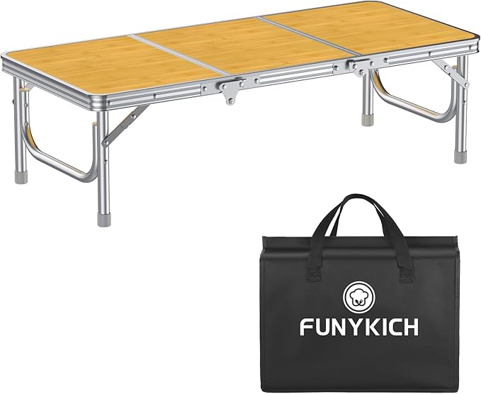 FUNYKICH 3ft Low Folding Picnic Table(34.2''x15.7''x10.3''), Thicker Aluminum Legs Beach Table with Handle & Carry Bag, Lightweight Small Camping Table for Picnic Beach Camping Party, Yellow