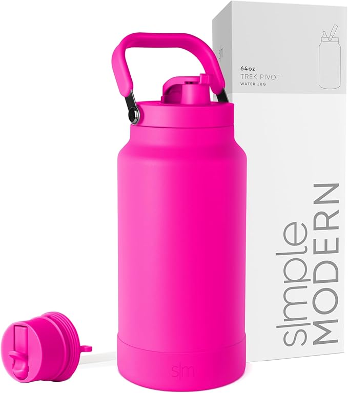 Simple Modern Trek Pivot | Half Gallon Water Bottle Jug with Handle & Boot | Interchangeable Straw & Chug Lids | Large Insulated Stainless Steel | Sports Camping Outdoors | 64oz, Raspberry Vibes
