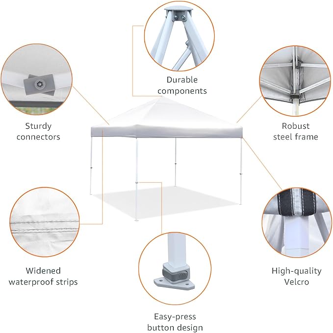 Amazon Basics Outdoor Pop Up 10 x 10 Canopy Tent for Events, Portable with Easy Setup, Includes Wheeled Carry Bag, 8 Pegs, 4 Ropes, 4 Weighted Bags, White