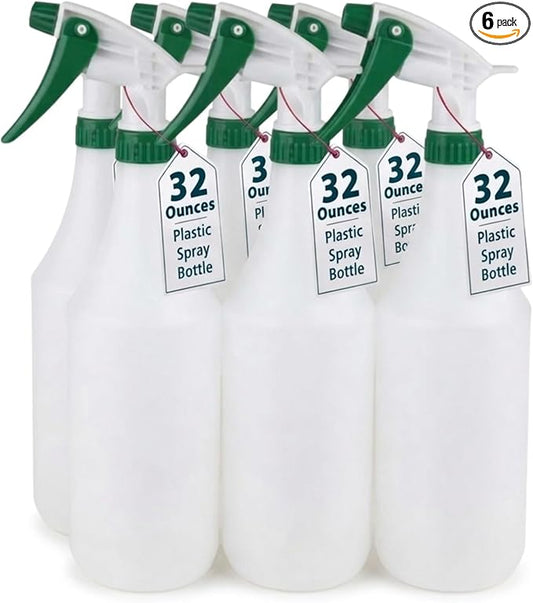 (6 Pack) Plastic Spray Bottle 32 Oz | All-Purpose HDPE Spraying Bottles Leak Proof Mist Empty Water Sprayer for Cleaning Solution, Oils, Hair, Planting, Pet with Adjustable Nozzle - White/Green