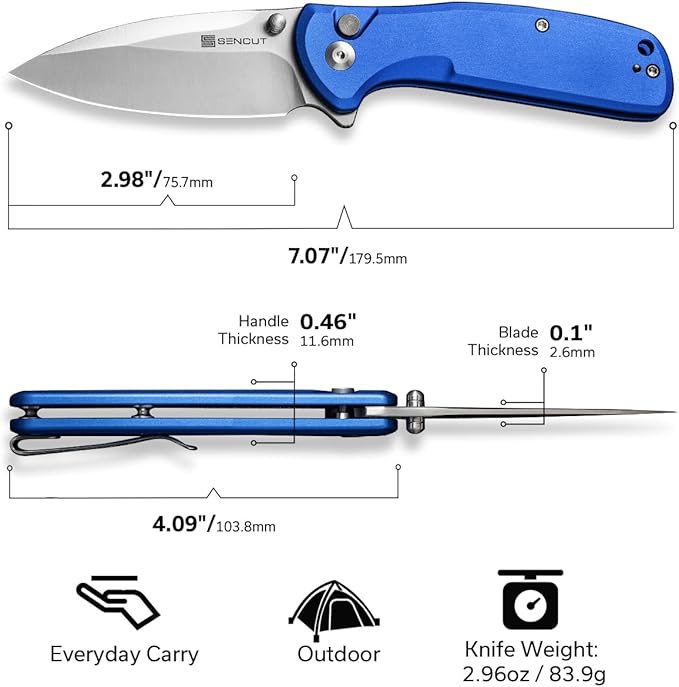 SENCUT ArcBlast Button Lock Knife for EDC, Folding Pocket knife with Aircraft-grade Aluminum Handle and 2.98" 9Cr18MoV Blade, Outdoor Gift for Men and Women S22043B-3 (Blue)