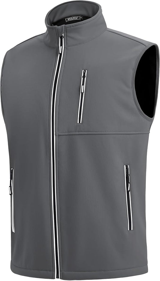 WULFUL Men's Windproof Lightweight Golf Vest Outerwear with Pockets, Softshell Sleeveless Jacket for Travel Hiking Running